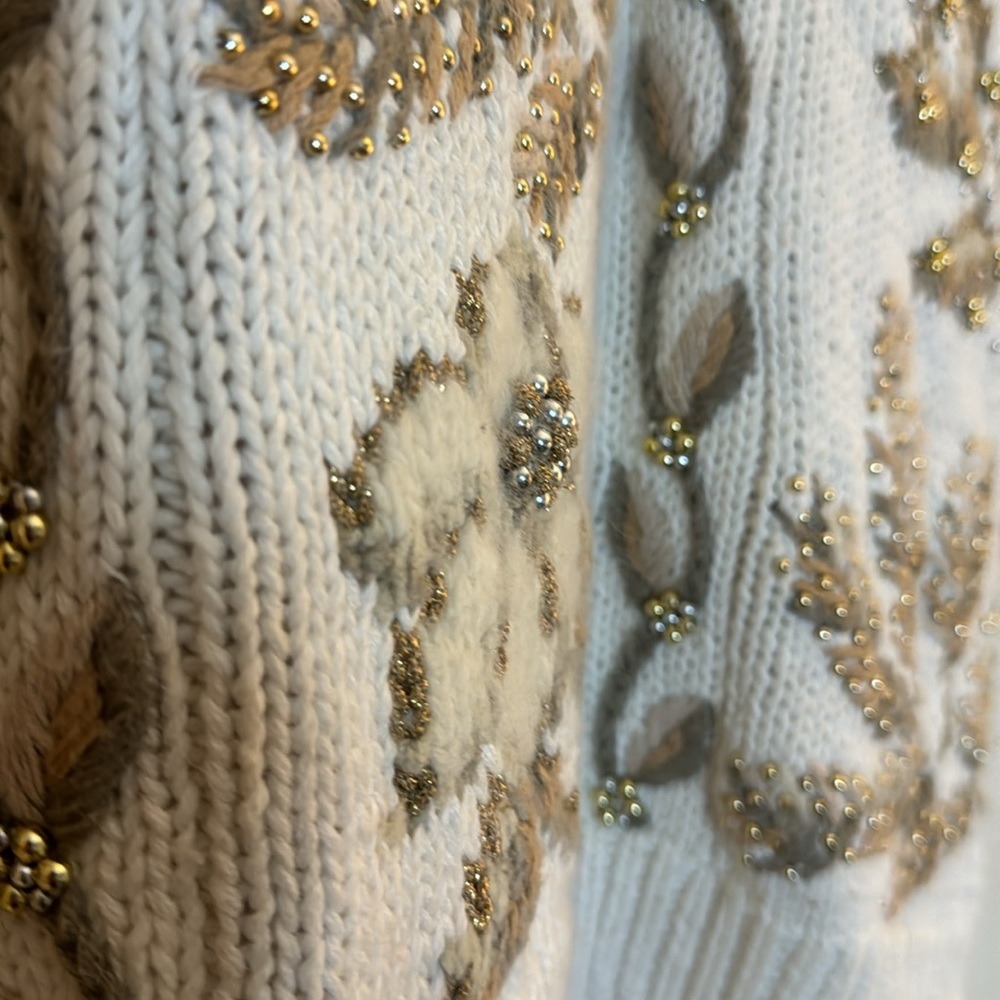 Vintage Talbots Hand Knit Beaded Floral‎ Sweater Ivory Mock Neck Size S - Picture 6 of 17